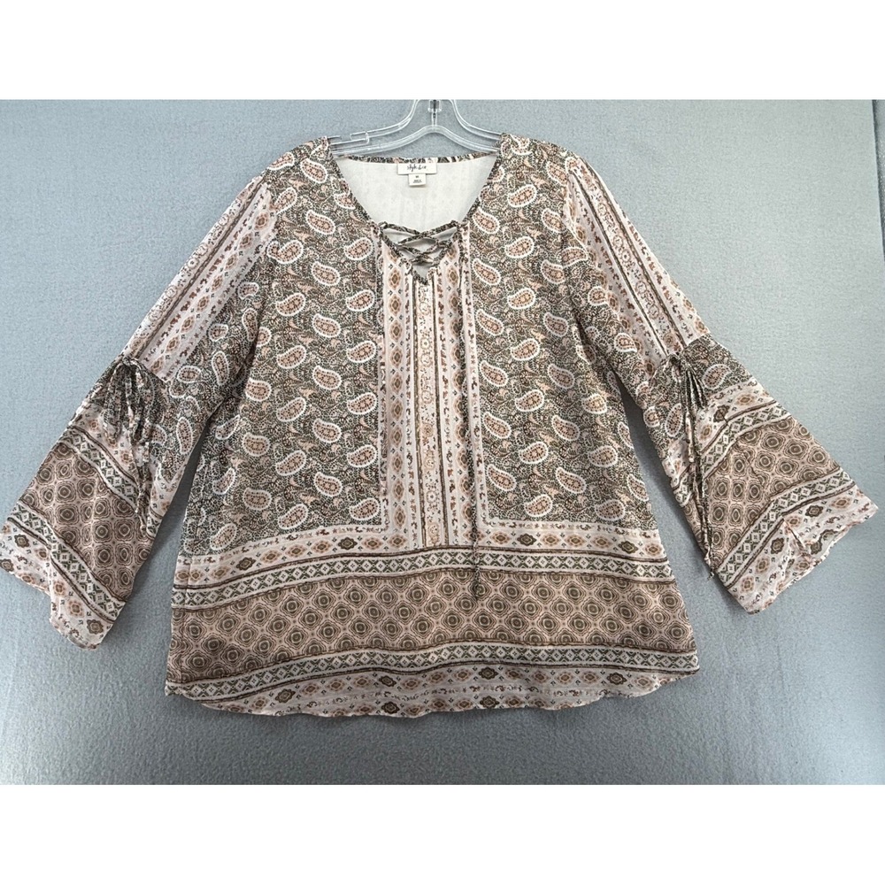 Style & Co Paisley Lace Up V-Neck Blouse Brown Tan Bell Sleeve Boho Top Medium
